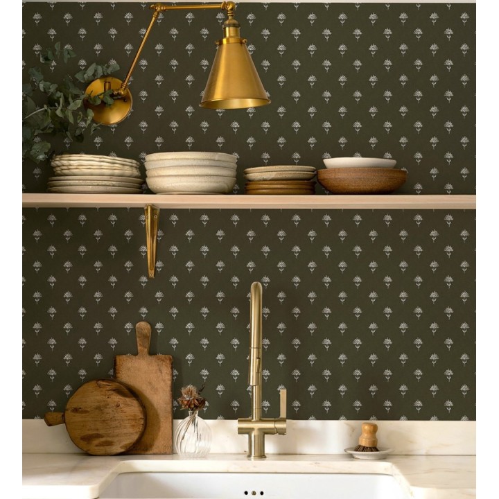 Papel pintado provenzal francés de flores pequeñas fondo negro - Willowmere Ditsy 684315