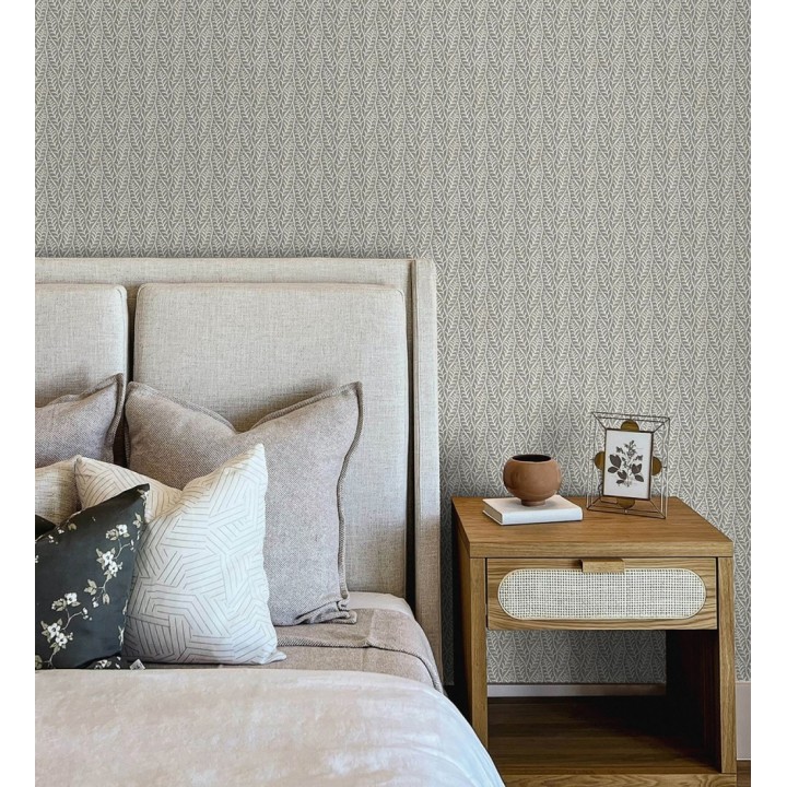 Papel pintado de hojas gris carbón entrelazadas estilo cottage country - Kigali Leaves 684321