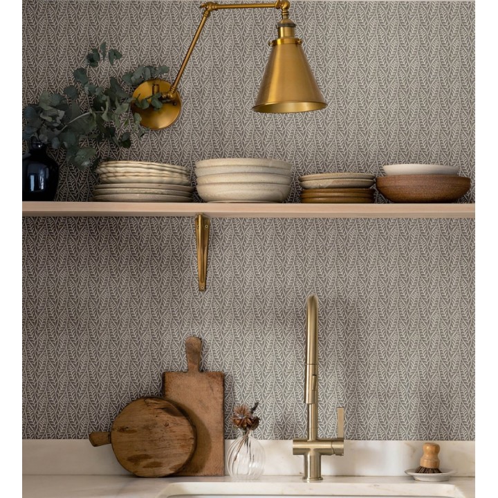 Papel pintado de hojas gris carbón entrelazadas estilo cottage country - Kigali Leaves 684321