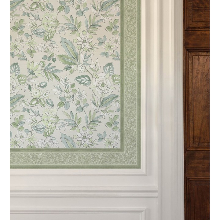 Cenefa de papel pintado diseño floral verde estilo cottage country - Primrose Lacework 684332