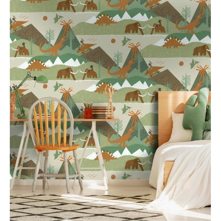 Papel pintado aventura prehistórica de dinosaurios y mamuts - Pangea Primitive 684342