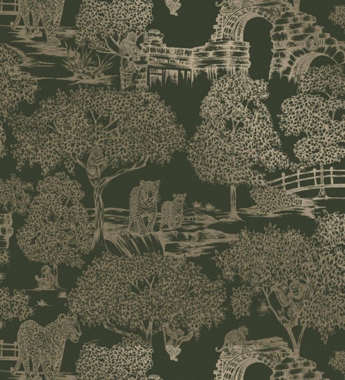 Papel pintado mural de selva exótica con monos y leopardos - Angkor Hidden 684347