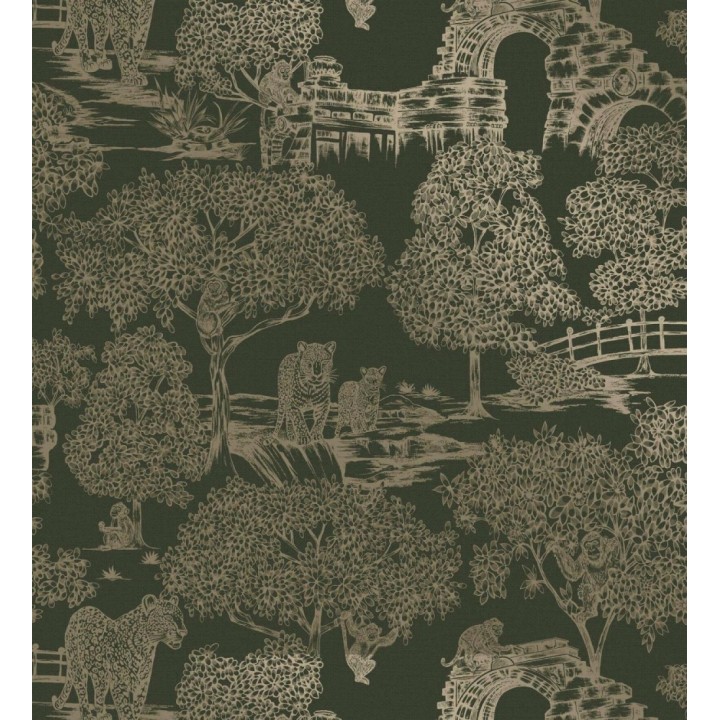 Papel pintado mural de selva exótica con monos y leopardos - Angkor Hidden 684347