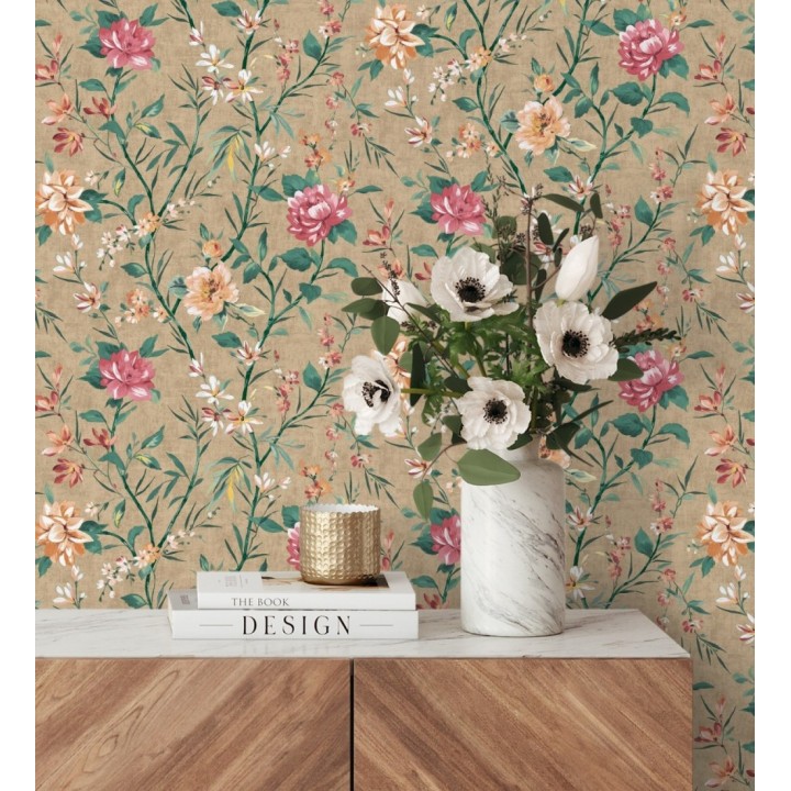 Papel pintado peonías al óleo sobre lienzo ocre - Venice Painted 684351