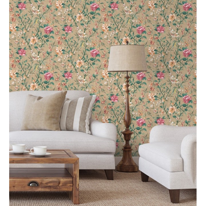 Papel pintado peonías al óleo sobre lienzo ocre - Venice Painted 684351