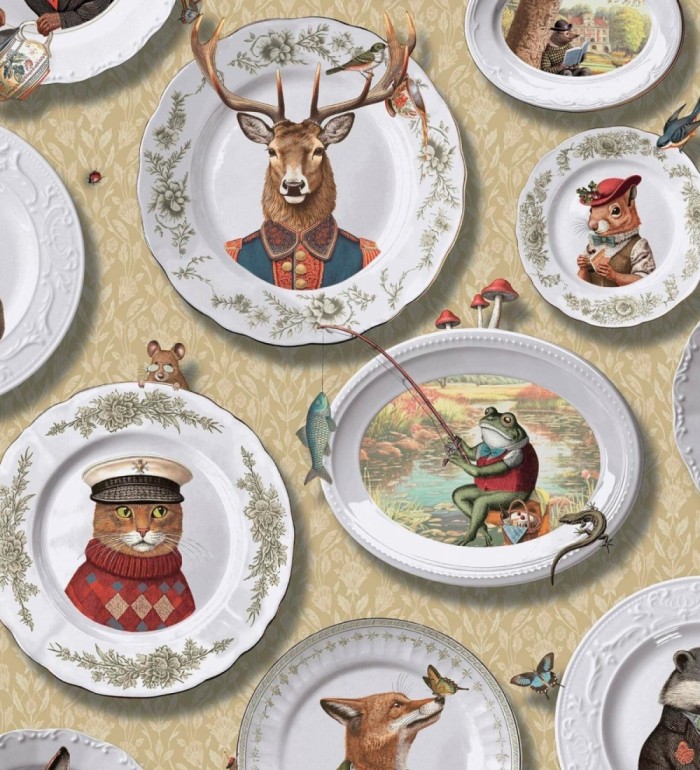 Papel pintado platos porcelana con retrato de animales coloniales - Buckingham Fancy 684352