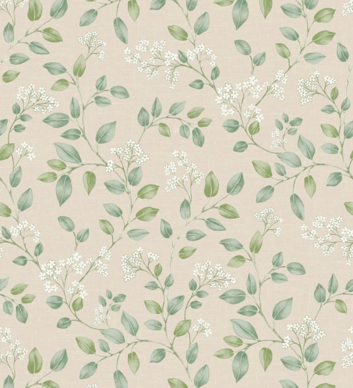 Papel pintado ramas verdes y flores blancas suaves - Ghent Linework 684354