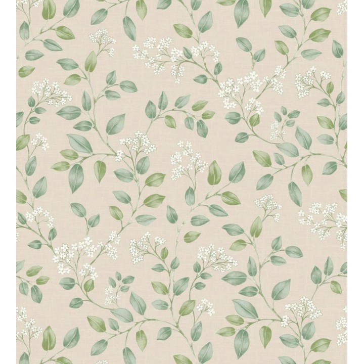 Papel pintado ramas verdes y flores blancas suaves - Ghent Linework 684354