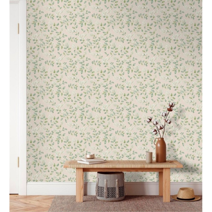 Papel pintado ramas verdes y flores blancas suaves - Ghent Linework 684354