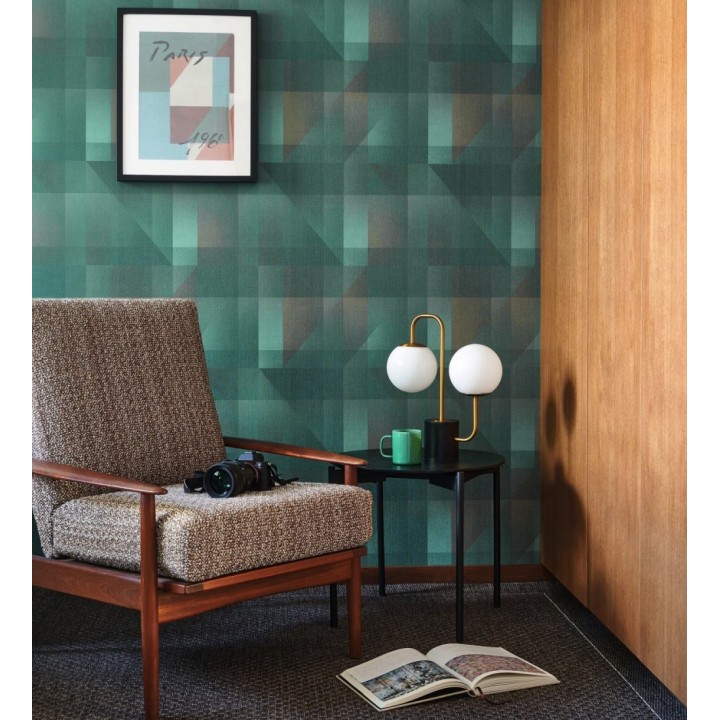 Papel pintado geometría de lino en tonos marrones y verde - Eindhoven Overlay 684362