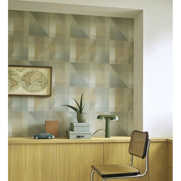 Papel pintado geometría de lino en tonos verde salvia y ocre - Eindhoven Overlay 684363