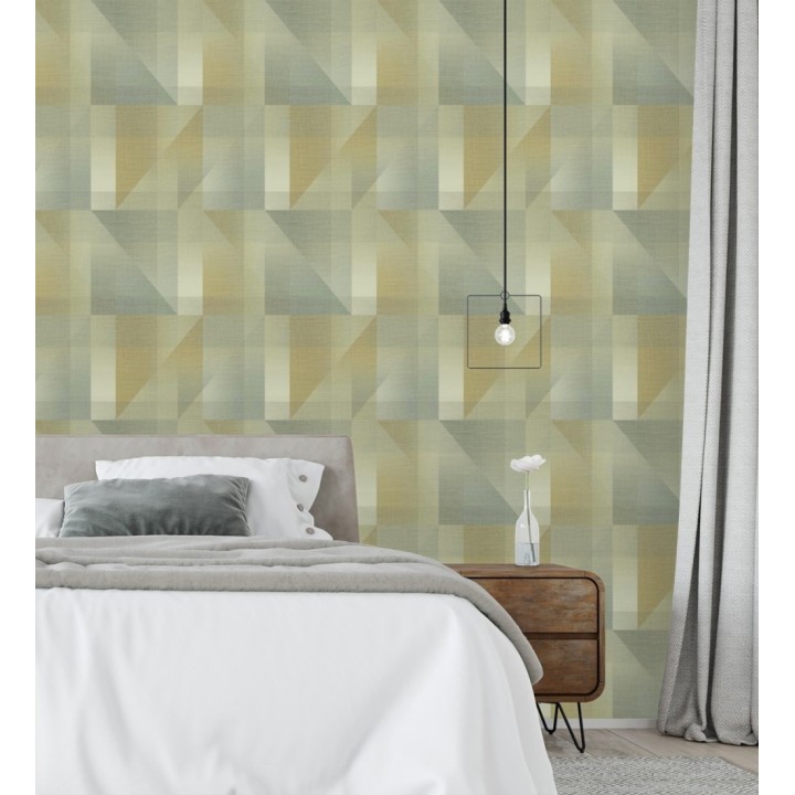 Papel pintado geometría de lino en tonos verde salvia y ocre - Eindhoven Overlay 684363
