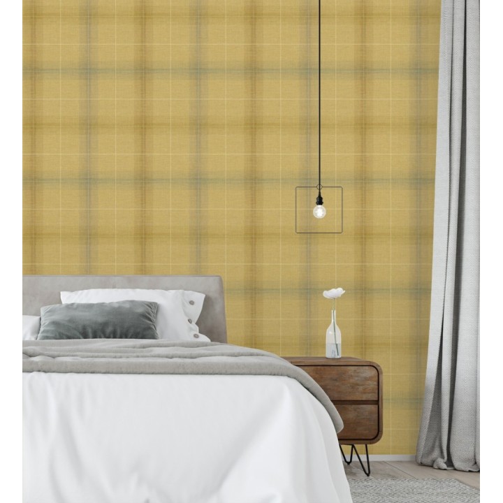 Papel pintado cuadros escoceses tartan fondo amarillo mostaza - Nottingham Expansive 684371