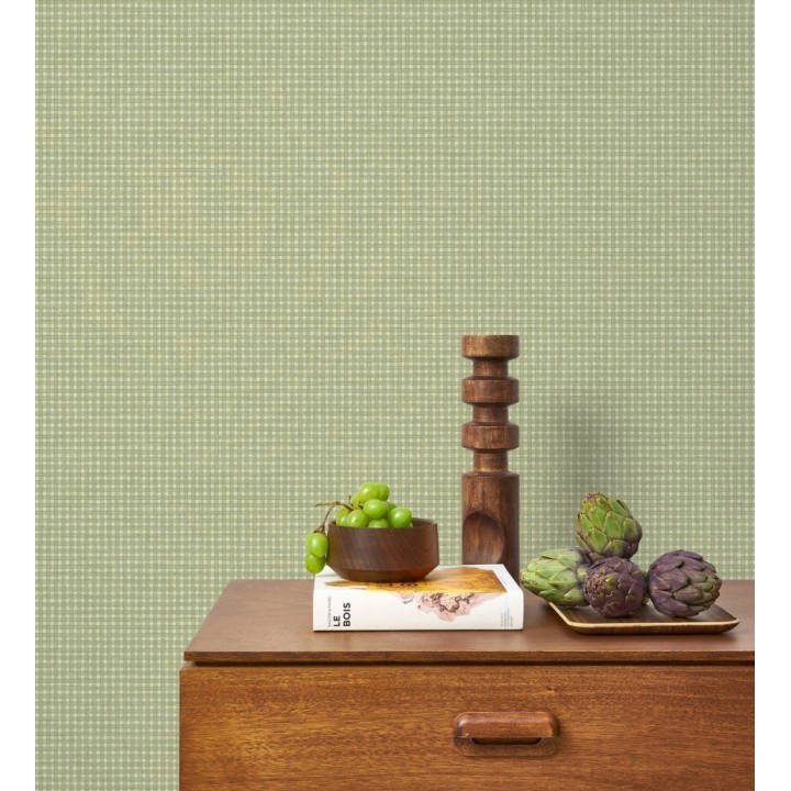 Papel pintado tejido de microcuadros tonos verde tenue - Lozoya Crossed 684383