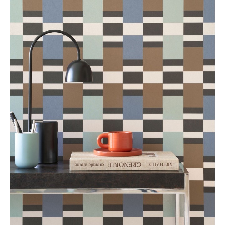 Papel pintado mosaico geométrico retro tonos azul celeste y marrón - Bari Inlay 684389