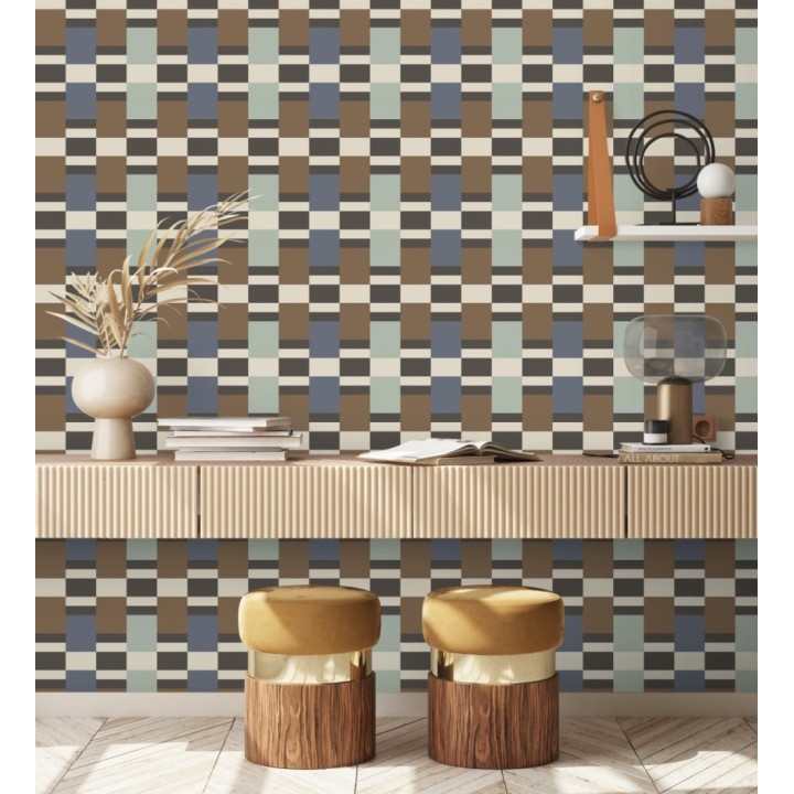 Papel pintado mosaico geométrico retro tonos azul celeste y marrón - Bari Inlay 684389