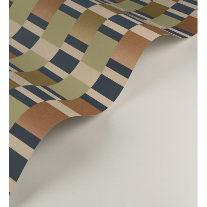 Papel pintado mosaico geométrico retro tonos verde cobre y dorado - Bari Inlay 684390