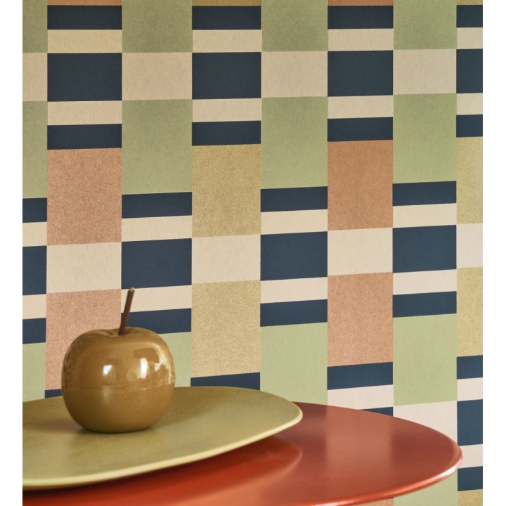 Papel pintado mosaico geométrico retro tonos verde cobre y dorado - Bari Inlay 684390