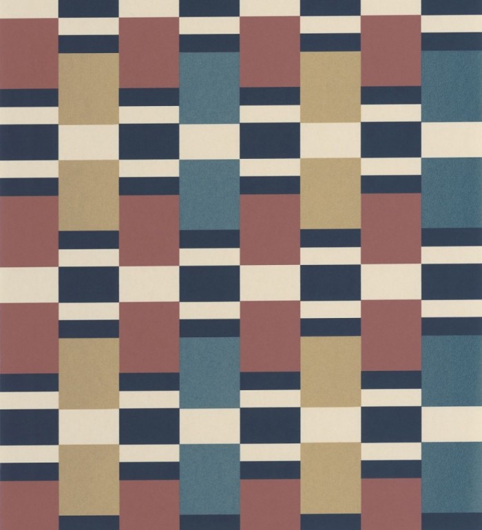 Papel pintado mosaico geométrico retro tonos rojo azul metalizado y dorado - Bari Inlay 684391