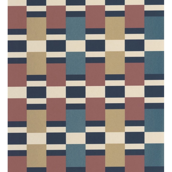 Papel pintado mosaico geométrico retro tonos rojo azul metalizado y dorado - Bari Inlay 684391