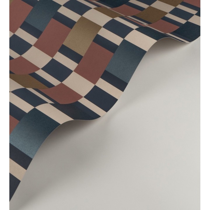 Papel pintado mosaico geométrico retro tonos rojo azul metalizado y dorado - Bari Inlay 684391