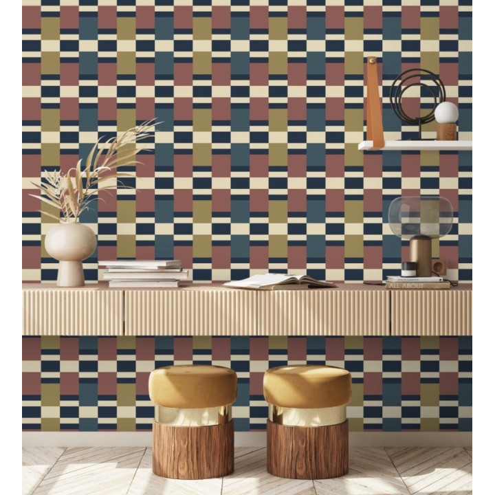 Papel pintado mosaico geométrico retro tonos rojo azul metalizado y dorado - Bari Inlay 684391