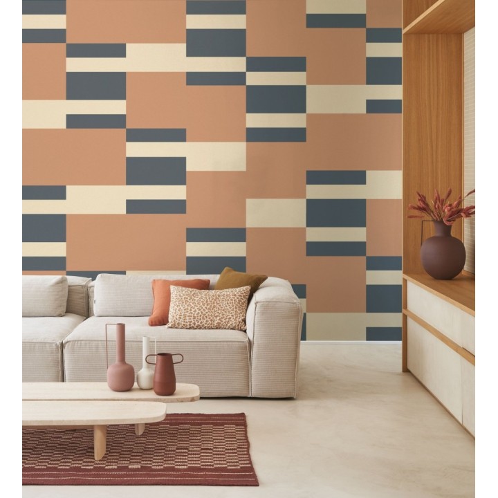 Papel pintado de franjas colocación abstracta tonos azul terracota y beige - Doha Level 684398