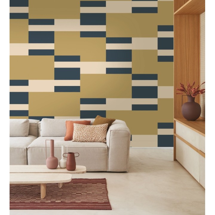 Papel pintado de franjas colocación abstracta tonos azul mostaza y crema - Doha Level 684400