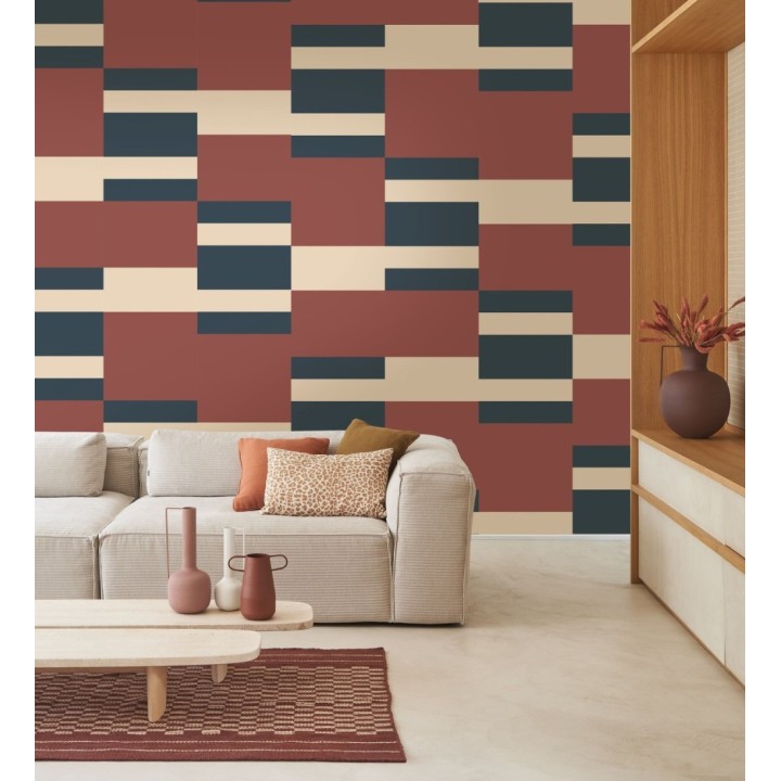 Papel pintado de franjas colocación abstracta tonos burdeos azul y crema - Doha Level 684401