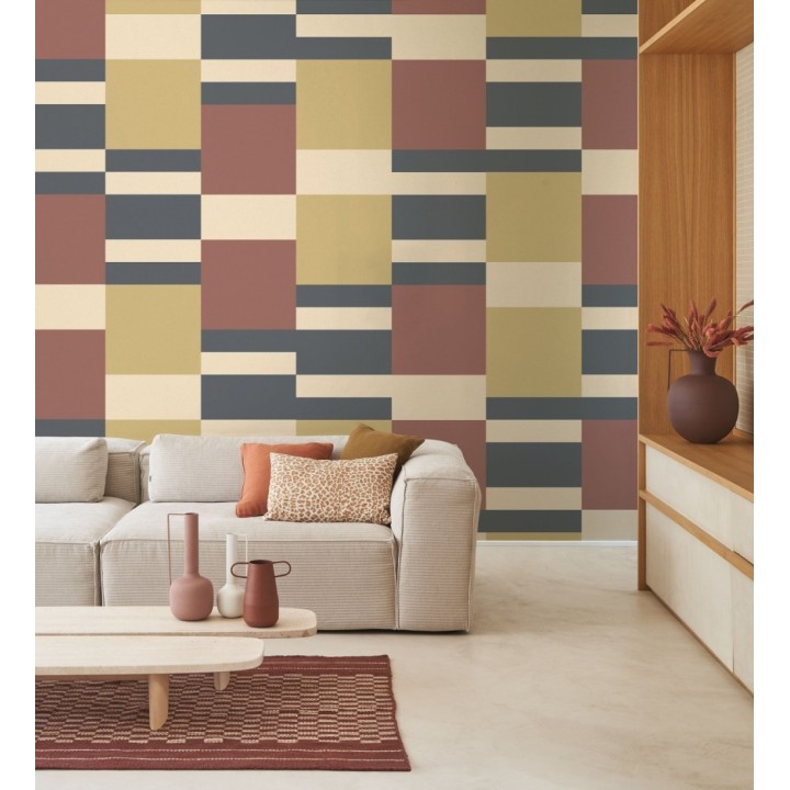 Papel pintado de franjas colocación abstracta tonos burdeos azul y crema - Doha Level 684401