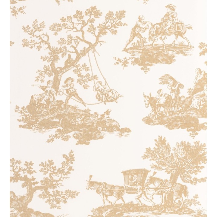 Papel pintado Toile de Jouy con escenas pastorales color mostaza - Clermont Folklore 684403