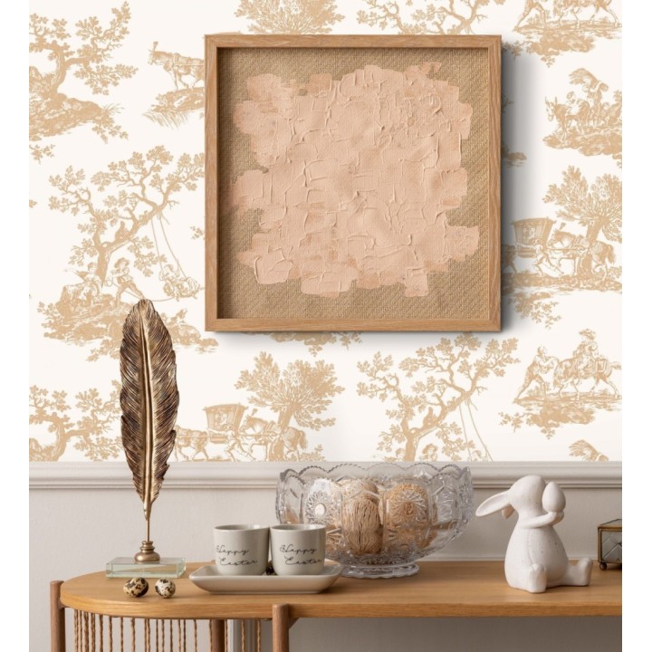 Papel pintado Toile de Jouy con escenas pastorales color mostaza - Clermont Folklore 684403