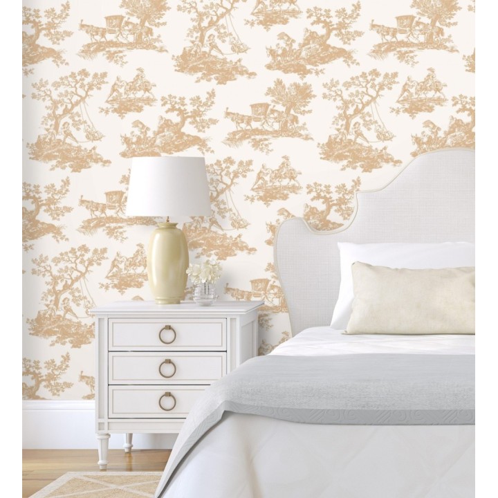 Papel pintado Toile de Jouy con escenas pastorales color mostaza - Clermont Folklore 684403