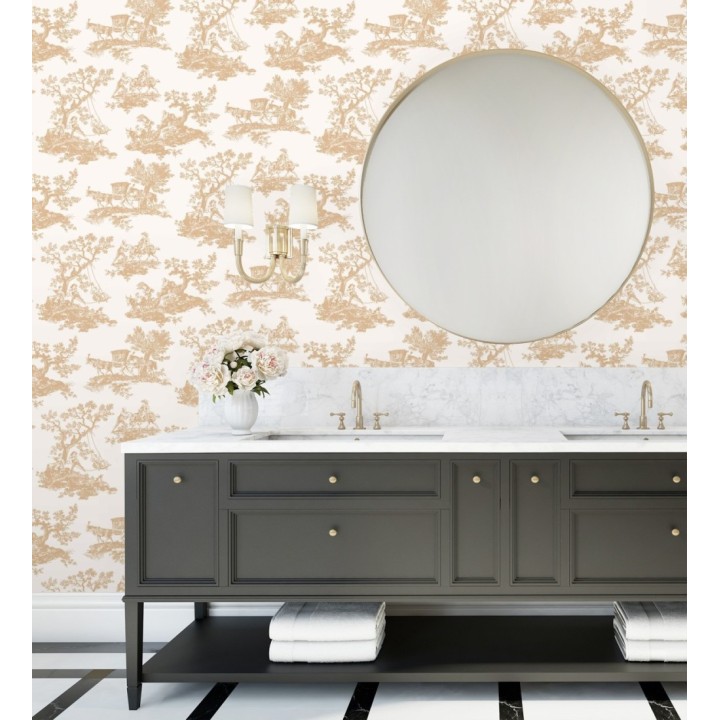 Papel pintado Toile de Jouy con escenas pastorales color mostaza - Clermont Folklore 684403