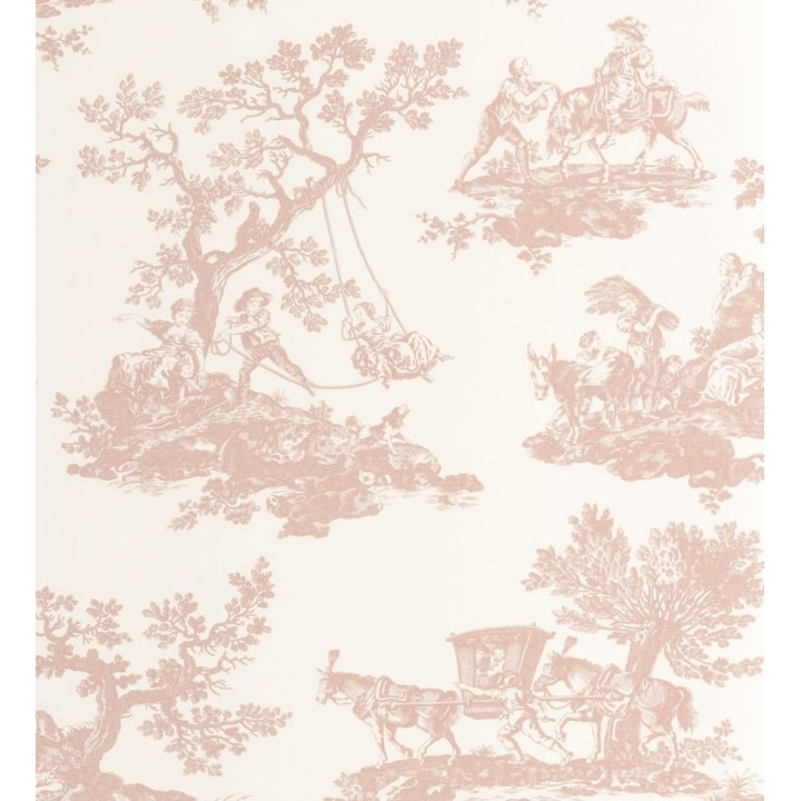 Papel pintado Toile de Jouy con escenas pastorales color rosa palo - Clermont Folklore 684404