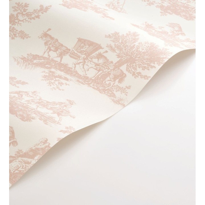 Papel pintado Toile de Jouy con escenas pastorales color rosa palo - Clermont Folklore 684404
