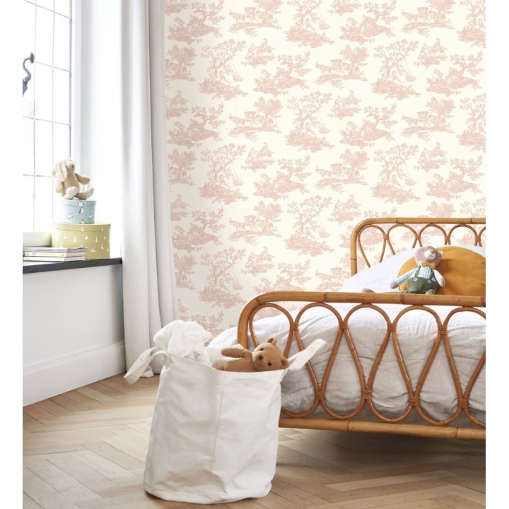 Papel pintado Toile de Jouy con escenas pastorales color rosa palo - Clermont Folklore 684404