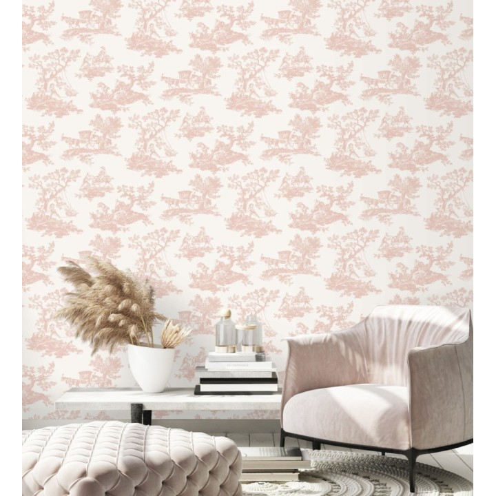Papel pintado Toile de Jouy con escenas pastorales color rosa palo - Clermont Folklore 684404