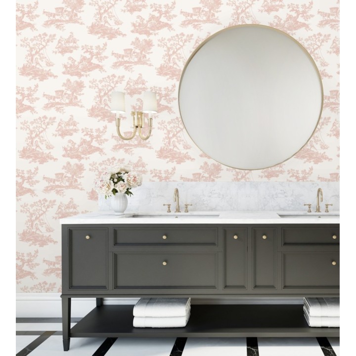 Papel pintado Toile de Jouy con escenas pastorales color rosa palo - Clermont Folklore 684404