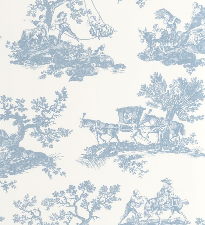Papel pintado Toile de Jouy con escenas pastorales color azul - Clermont Folklore 684405