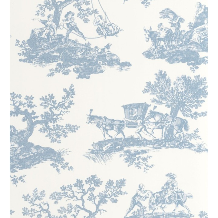 Papel pintado Toile de Jouy con escenas pastorales color azul - Clermont Folklore 684405