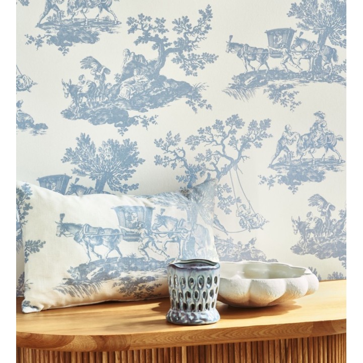 Papel pintado Toile de Jouy con escenas pastorales color azul - Clermont Folklore 684405