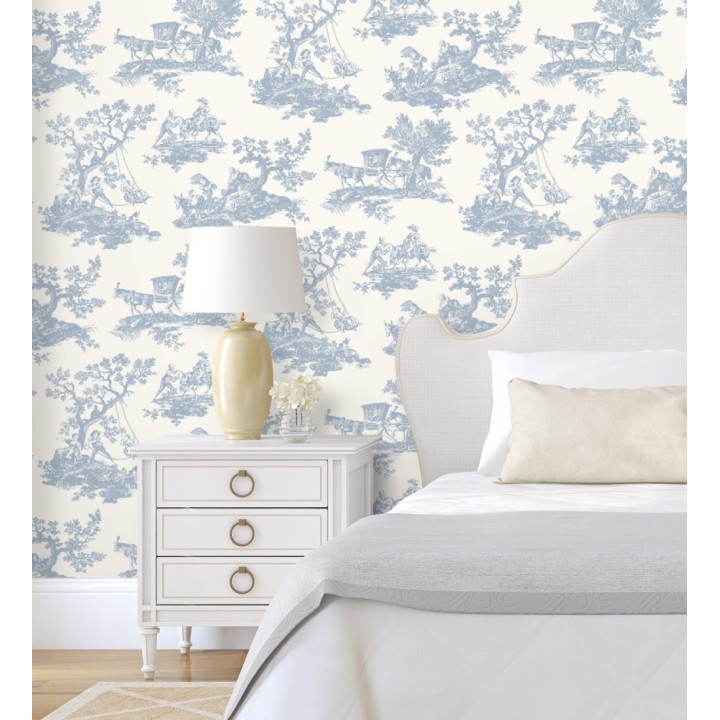 Papel pintado Toile de Jouy con escenas pastorales color azul - Clermont Folklore 684405