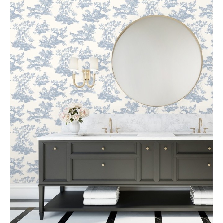 Papel pintado Toile de Jouy con escenas pastorales color azul - Clermont Folklore 684405