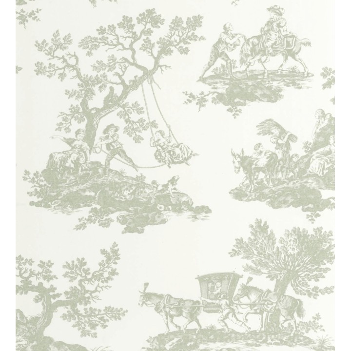 Papel pintado Toile de Jouy con escenas pastorales color verde - Clermont Folklore 684406