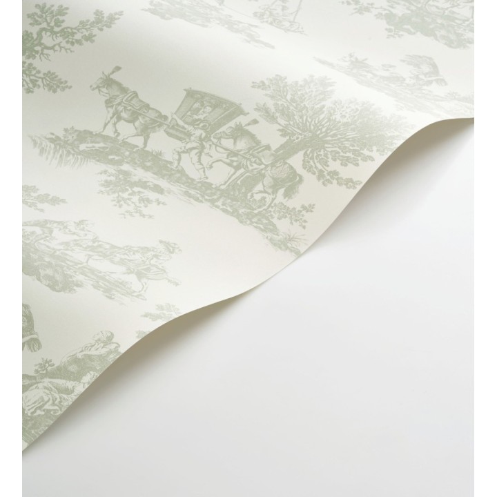 Papel pintado Toile de Jouy con escenas pastorales color verde - Clermont Folklore 684406