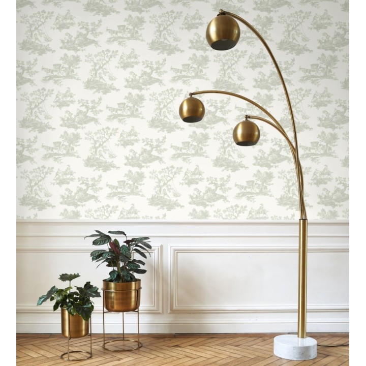 Papel pintado Toile de Jouy con escenas pastorales color verde - Clermont Folklore 684406