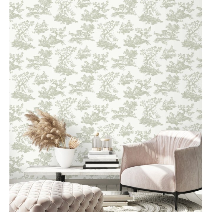 Papel pintado Toile de Jouy con escenas pastorales color verde - Clermont Folklore 684406