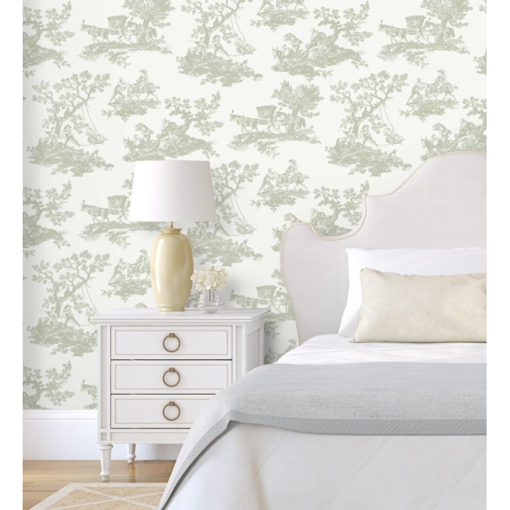 Papel pintado Toile de Jouy con escenas pastorales color verde - Clermont Folklore 684406