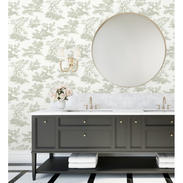 Papel pintado Toile de Jouy con escenas pastorales color verde - Clermont Folklore 684406